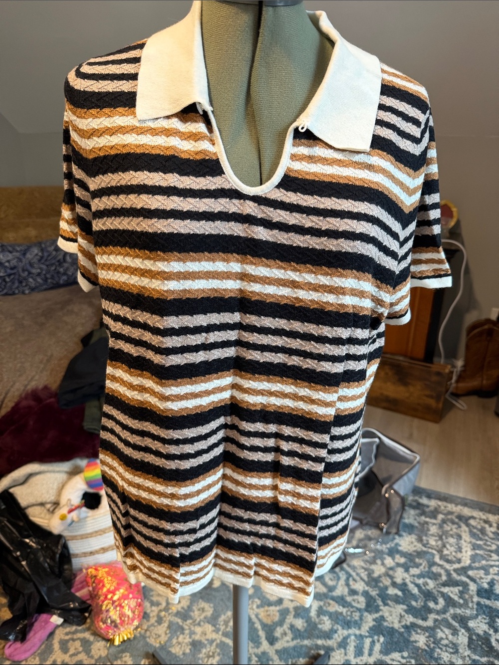 Isaac Mizrahi Striped Short-Sleeve Light Weight Sweater in Black, Cream & Brown